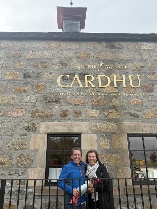 Guests outside Cardhu distillery, the Speyside home of Johnnie Walker
