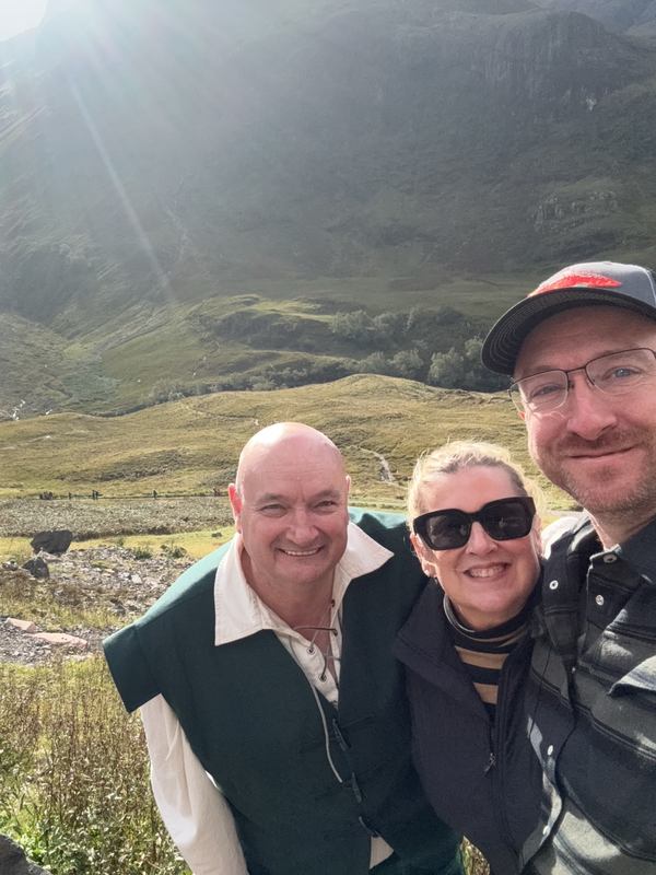 Tony with guests below the Three Sisters in Glencoe